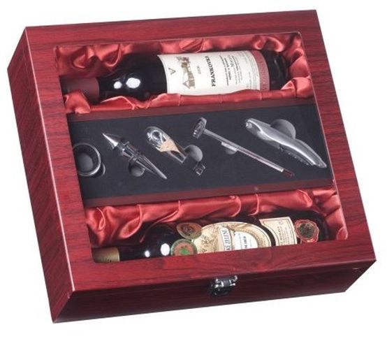 Exkluzívny darčekový box na 2 vína mahagon presklenený + 5 vinárskych pomôcok